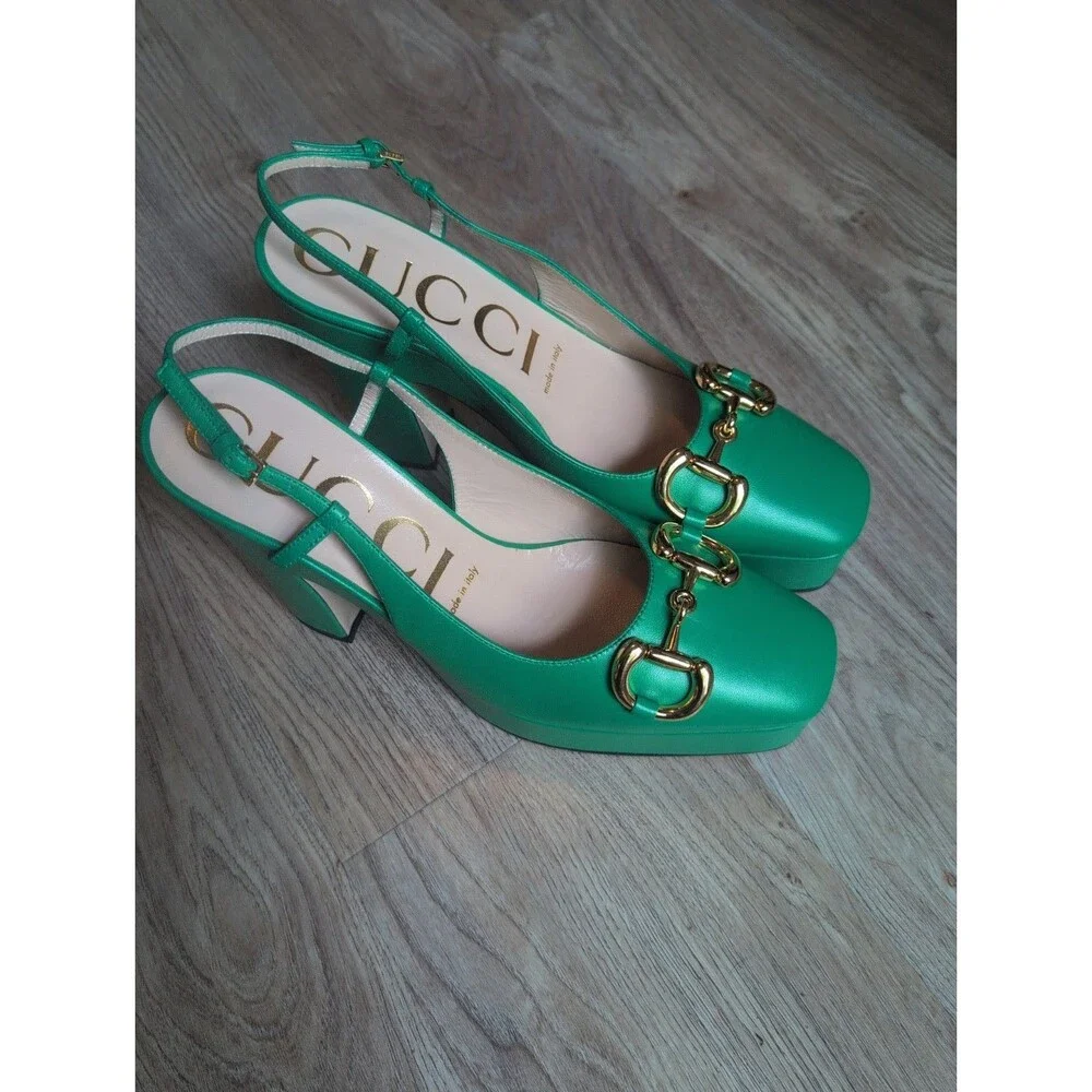 Gucci Charlotte Horsebit Platform Slingback Heels green Women's Eu 38 $1390